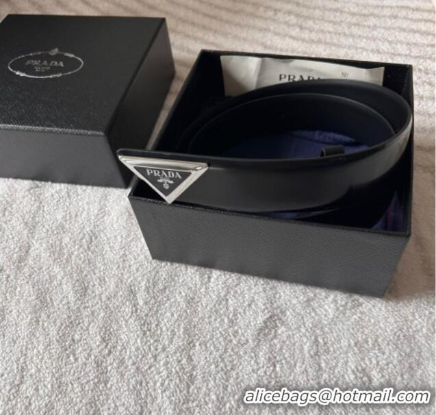 Famous Brand Prada Men's Shiny Leather Belt 3.5cm with Tiangle Buckle 0315 Black/Silver 2025
