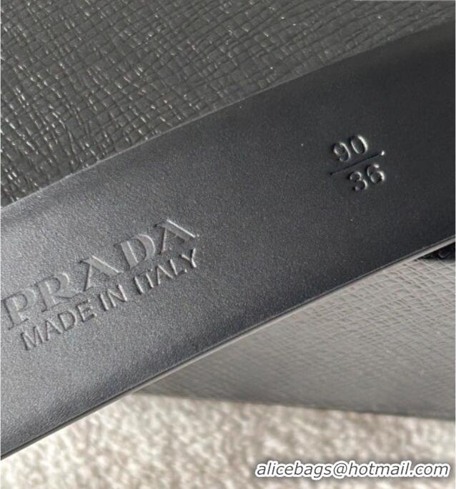 Famous Brand Prada Men's Shiny Leather Belt 3.5cm with Tiangle Buckle 0315 Black/Silver 2025