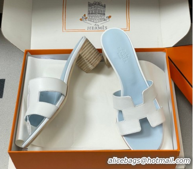 Luxury Hermes Oasis Classic Heel Slides Sandal 4.5cm in Smooth Leather White 0304105 2026