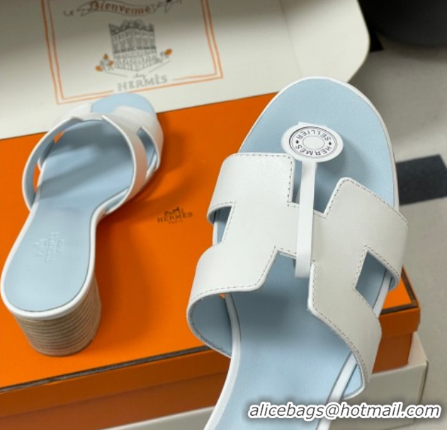 Luxury Hermes Oasis Classic Heel Slides Sandal 4.5cm in Smooth Leather White 0304105 2026