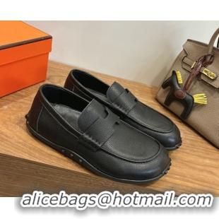 Luxurious Hermes Lazy Loafers in Grained Leather H090805 Black 2026