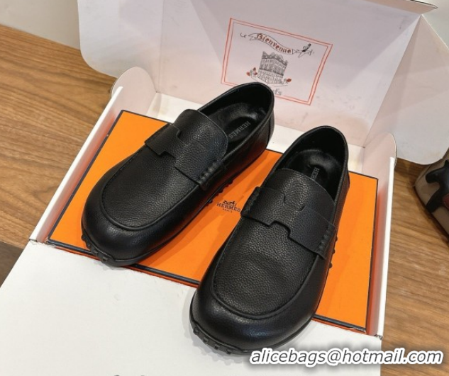 Luxurious Hermes Lazy Loafers in Grained Leather H090805 Black 2026
