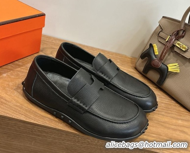Luxurious Hermes Lazy Loafers in Grained Leather H090805 Black 2026