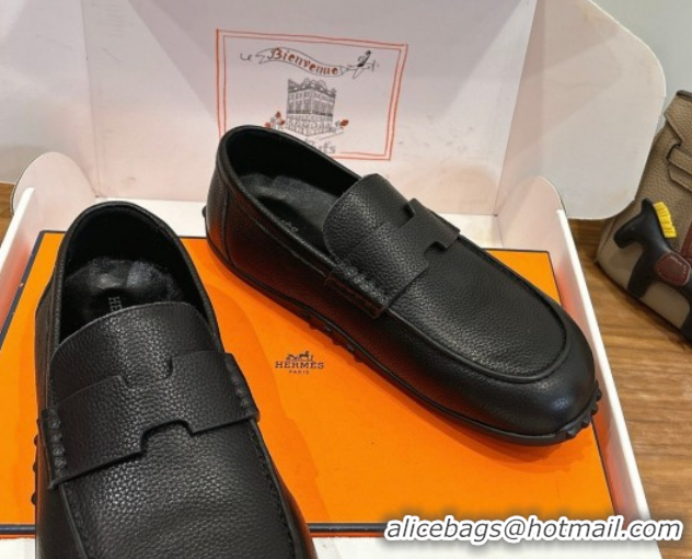 Luxurious Hermes Lazy Loafers in Grained Leather H090805 Black 2026