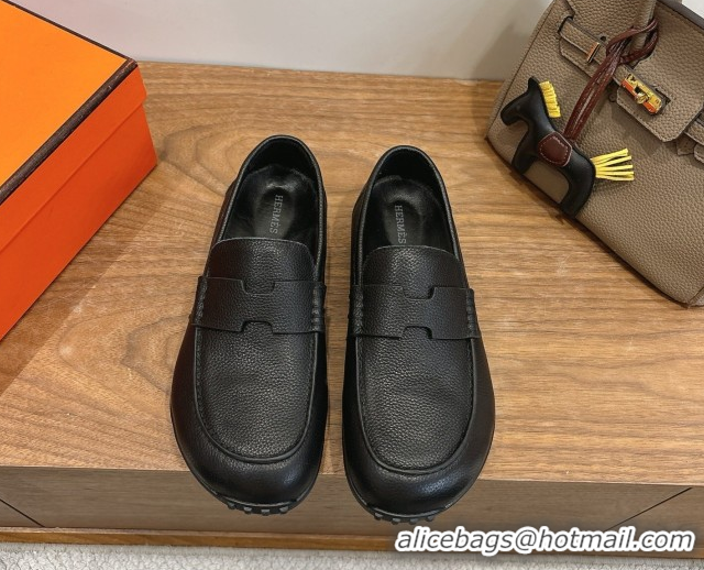 Luxurious Hermes Lazy Loafers in Grained Leather H090805 Black 2026
