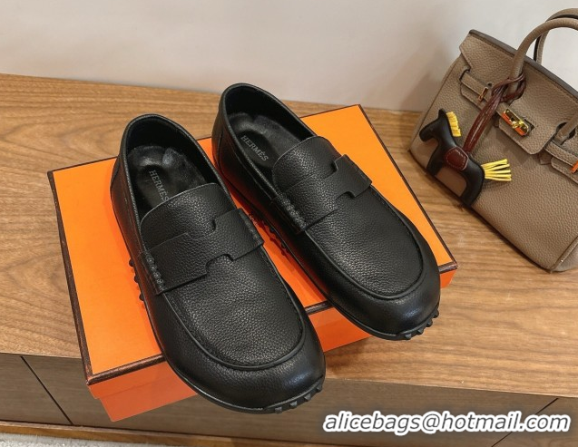 Luxurious Hermes Lazy Loafers in Grained Leather H090805 Black 2026