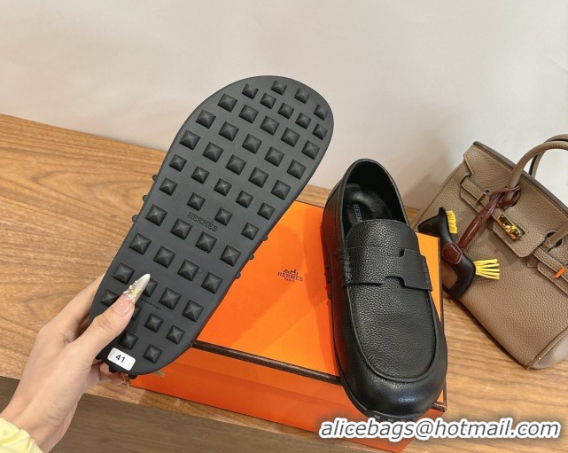 Luxurious Hermes Lazy Loafers in Grained Leather H090805 Black 2026