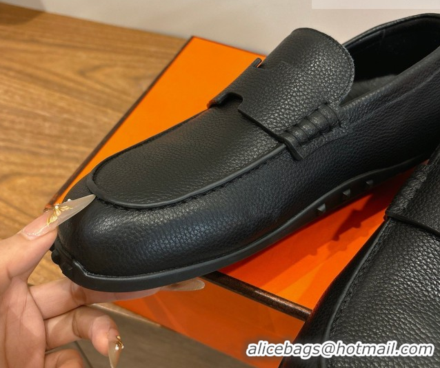 Luxurious Hermes Lazy Loafers in Grained Leather H090805 Black 2026