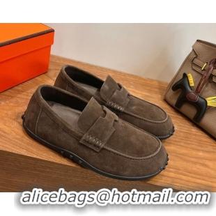 Durable Hermes Lazy Loafers in Suede H090805 Dark Brown 2026