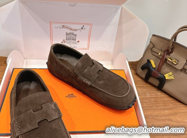 Durable Hermes Lazy Loafers in Suede H090805 Dark Brown 2026