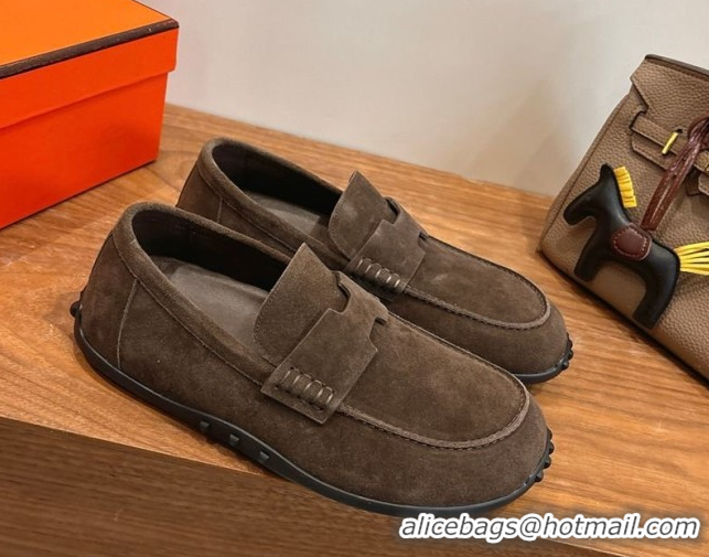 Durable Hermes Lazy Loafers in Suede H090805 Dark Brown 2026