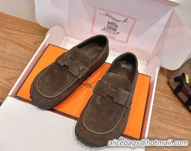 Durable Hermes Lazy Loafers in Suede H090805 Dark Brown 2026