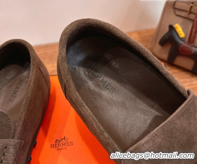 Durable Hermes Lazy Loafers in Suede H090805 Dark Brown 2026