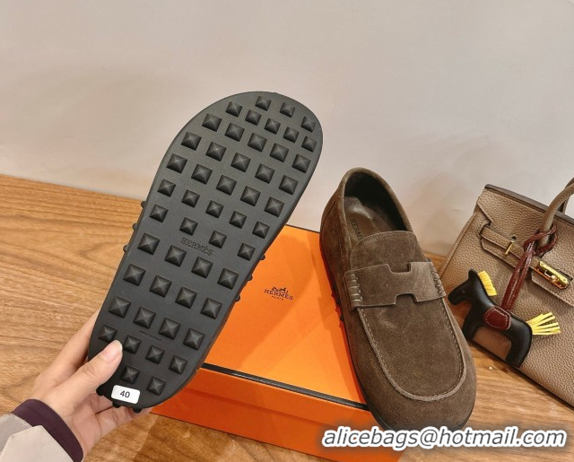 Durable Hermes Lazy Loafers in Suede H090805 Dark Brown 2026