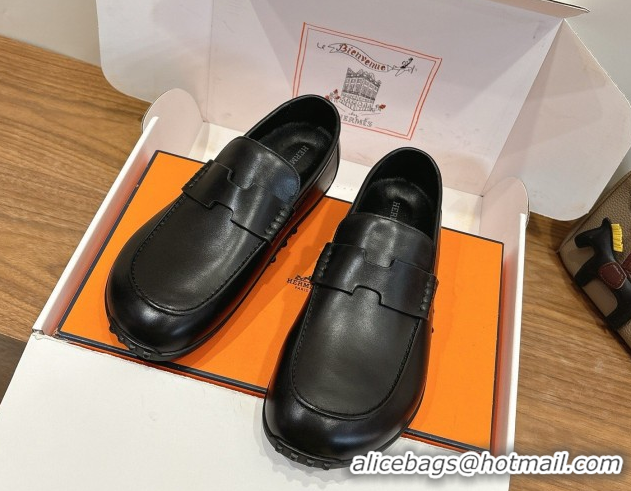 Stylish Hermes Lazy Loafers in Smooth Leather H090805 Black 2026