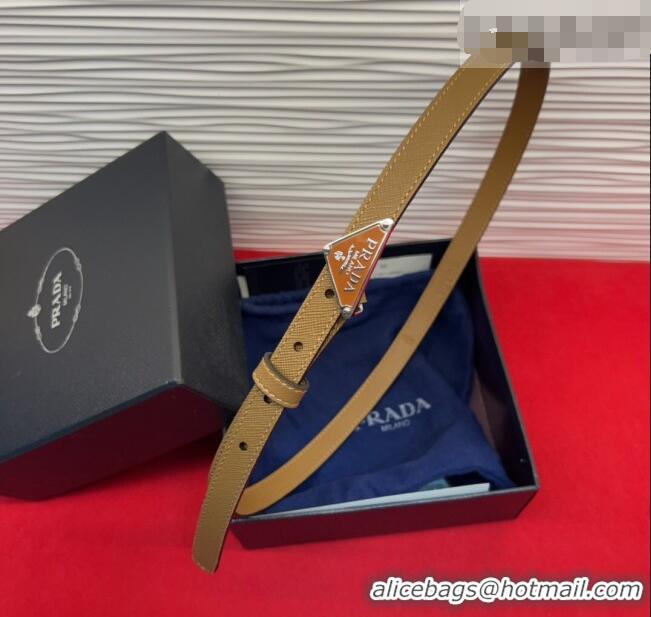 Luxury Cheap Prada Saffiano Leather Belt 1.5cm with Silver Triangle Logo Buckle PR091201 Beige 2025