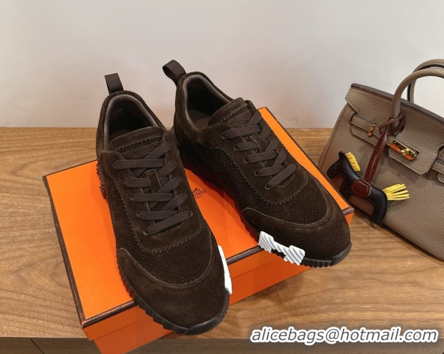 Classic Hot Hermes Bouncing Sneakers in Perforated Suede Dark Brown 2026 H261013
