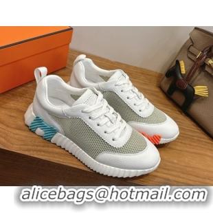 Luxury Hermes Bouncing Sneakers in Graphic Mesh and White Grained Calfskin Leather Green 0304130