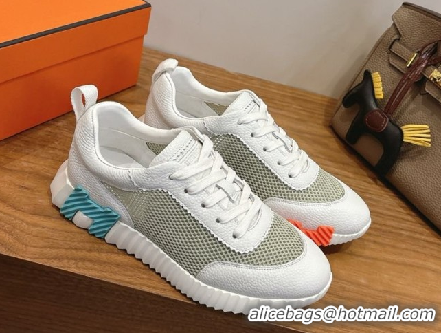 Luxury Hermes Bouncing Sneakers in Graphic Mesh and White Grained Calfskin Leather Green 0304130