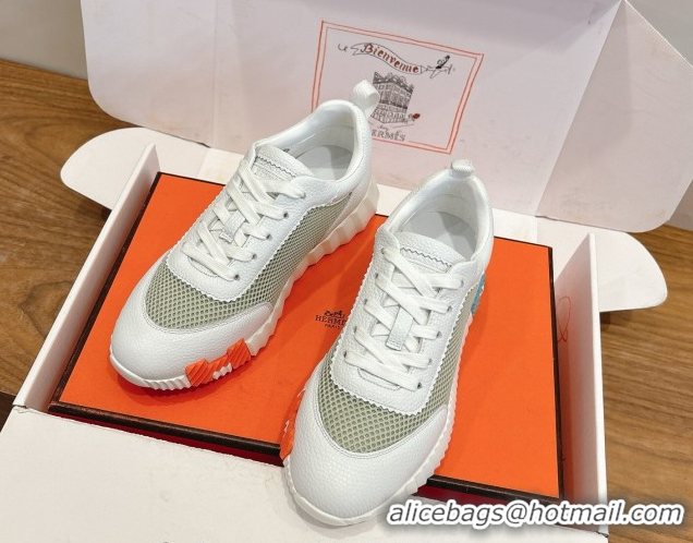 Luxury Hermes Bouncing Sneakers in Graphic Mesh and White Grained Calfskin Leather Green 0304130