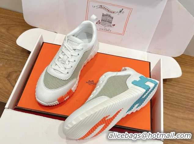 Luxury Hermes Bouncing Sneakers in Graphic Mesh and White Grained Calfskin Leather Green 0304130