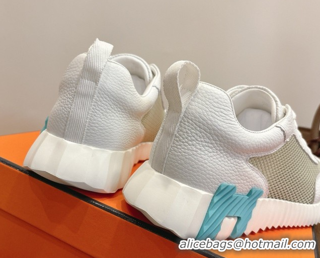 Luxury Hermes Bouncing Sneakers in Graphic Mesh and White Grained Calfskin Leather Green 0304130