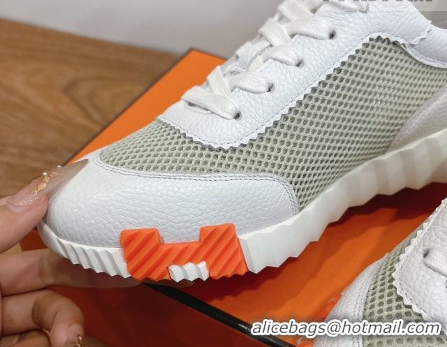 Luxury Hermes Bouncing Sneakers in Graphic Mesh and White Grained Calfskin Leather Green 0304130