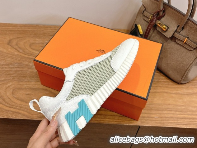 Luxury Hermes Bouncing Sneakers in Graphic Mesh and White Grained Calfskin Leather Green 0304130