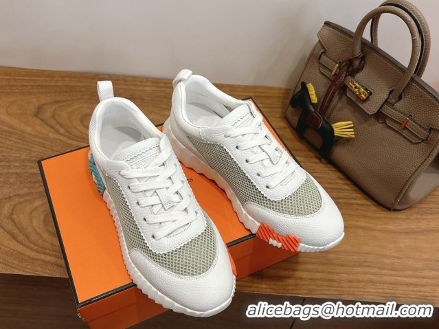 Luxury Hermes Bouncing Sneakers in Graphic Mesh and White Grained Calfskin Leather Green 0304130