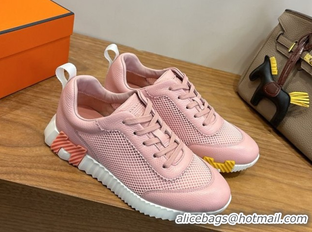 Best Grade Hermes Bouncing Sneakers in Graphic Mesh and Grained Calfskin Leather Pink 0304126