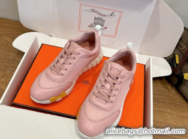 Best Grade Hermes Bouncing Sneakers in Graphic Mesh and Grained Calfskin Leather Pink 0304126