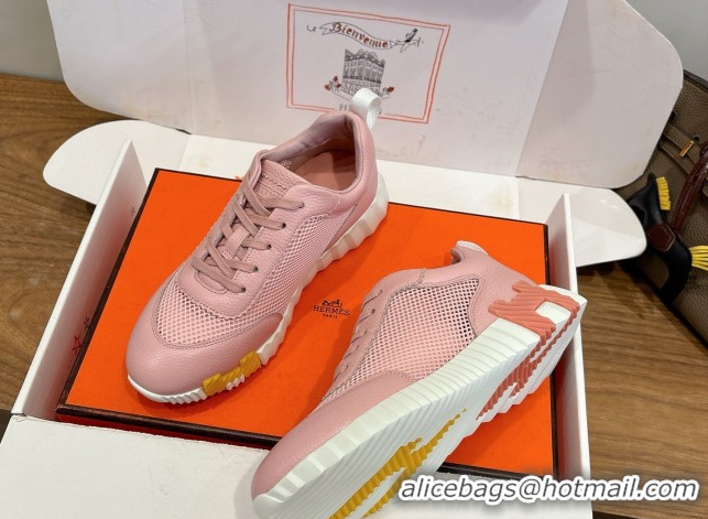 Best Grade Hermes Bouncing Sneakers in Graphic Mesh and Grained Calfskin Leather Pink 0304126
