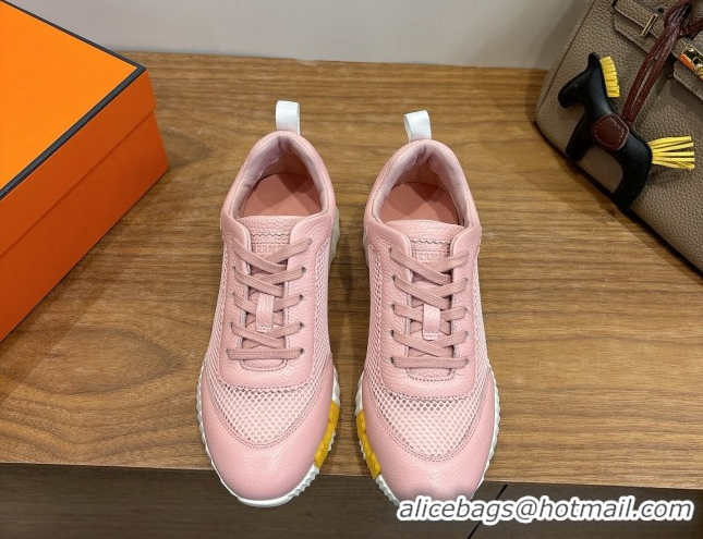 Best Grade Hermes Bouncing Sneakers in Graphic Mesh and Grained Calfskin Leather Pink 0304126