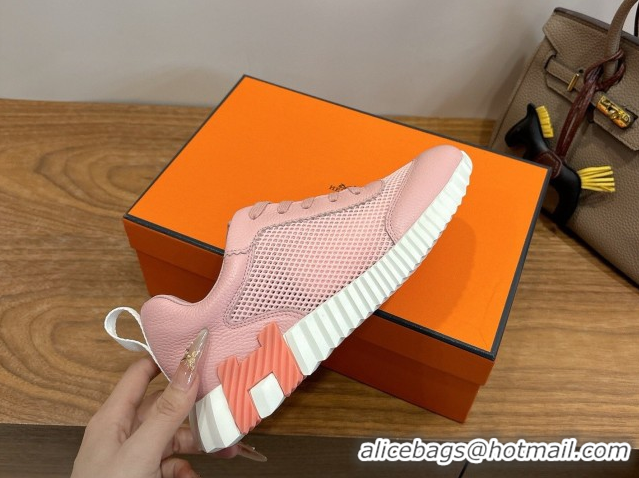 Best Grade Hermes Bouncing Sneakers in Graphic Mesh and Grained Calfskin Leather Pink 0304126