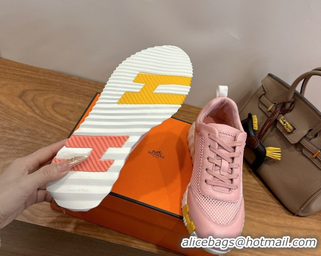 Best Grade Hermes Bouncing Sneakers in Graphic Mesh and Grained Calfskin Leather Pink 0304126