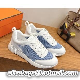 Pretty Style Hermes Bouncing Sneakers in Graphic Mesh and White Grained Calfskin Leather Blue 0304128