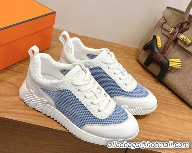 Pretty Style Hermes Bouncing Sneakers in Graphic Mesh and White Grained Calfskin Leather Blue 0304128