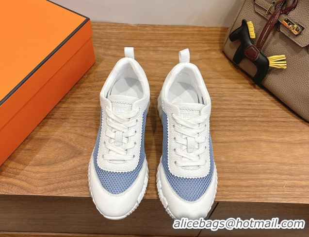 Pretty Style Hermes Bouncing Sneakers in Graphic Mesh and White Grained Calfskin Leather Blue 0304128