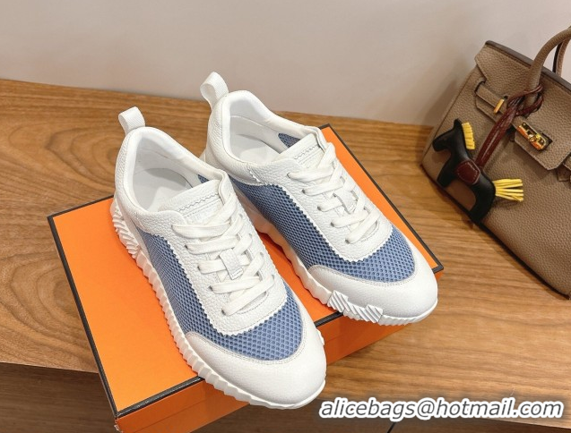 Pretty Style Hermes Bouncing Sneakers in Graphic Mesh and White Grained Calfskin Leather Blue 0304128