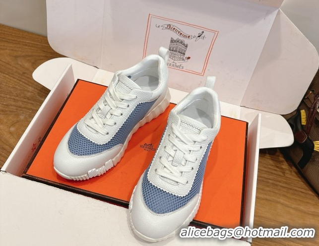 Pretty Style Hermes Bouncing Sneakers in Graphic Mesh and White Grained Calfskin Leather Blue 0304128