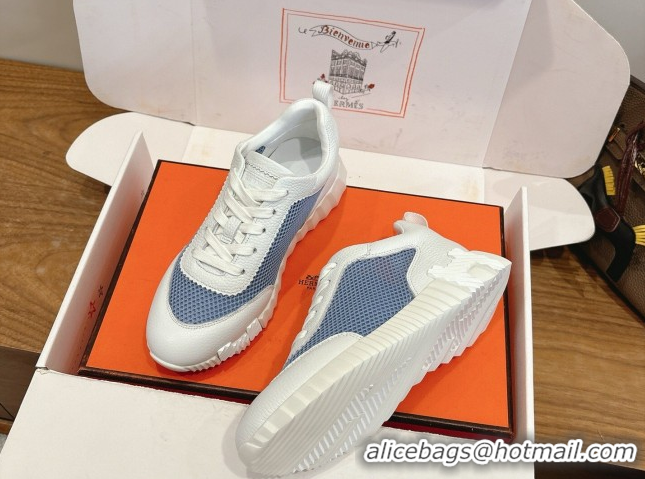 Pretty Style Hermes Bouncing Sneakers in Graphic Mesh and White Grained Calfskin Leather Blue 0304128