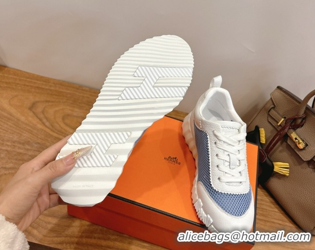Pretty Style Hermes Bouncing Sneakers in Graphic Mesh and White Grained Calfskin Leather Blue 0304128