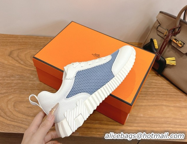 Pretty Style Hermes Bouncing Sneakers in Graphic Mesh and White Grained Calfskin Leather Blue 0304128