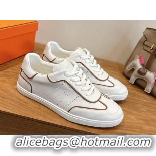 Shop Cheap Hermes Match Sneakers in Calfskin Leather White/Brown Trim 2026 H261863