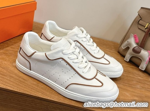 Shop Cheap Hermes Match Sneakers in Calfskin Leather White/Brown Trim 2026 H261863