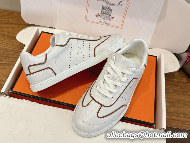 Shop Cheap Hermes Match Sneakers in Calfskin Leather White/Brown Trim 2026 H261863