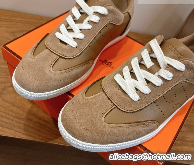 Top Grade Hermes Match Sneakers in Suede and Calfskin Leather Light Brown 2026 H261863