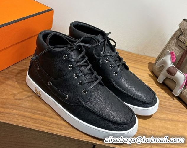 Charming Hermes Calfskin Leather High top Sneakers Black 2026 HS030401