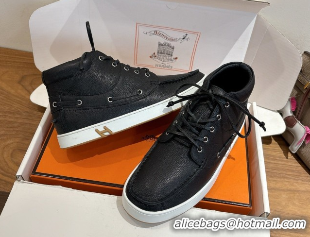 Charming Hermes Calfskin Leather High top Sneakers Black 2026 HS030401