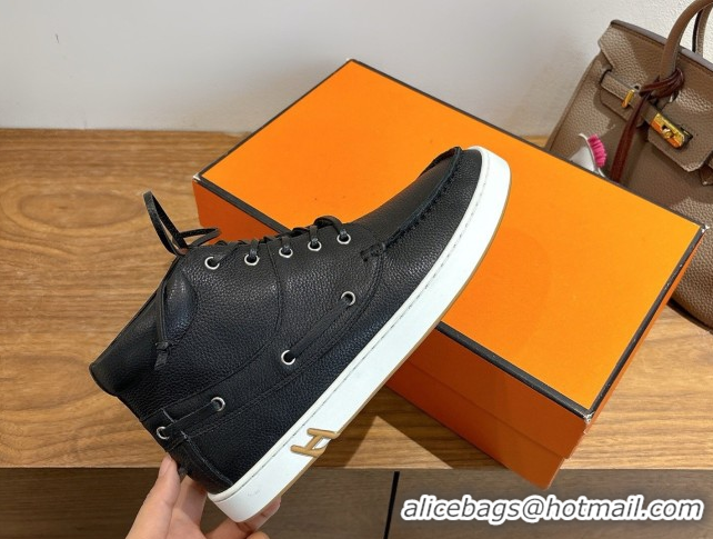 Charming Hermes Calfskin Leather High top Sneakers Black 2026 HS030401